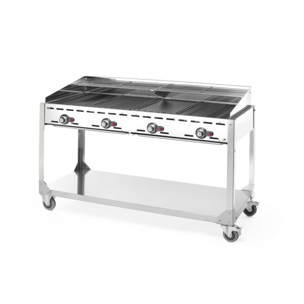 Barbecue Green Fire avec 4 brûleurs, HENDI, Profi Line, sur support avec roulettes, Gris clair, 22kW, 1400x612x(H)825mm - Image 3