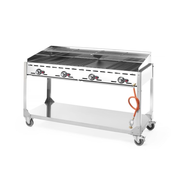 Barbecue Green Fire avec 4 brûleurs, HENDI, Profi Line, sur support avec roulettes, Gris clair, 22kW, 1400x612x(H)825mm - Image 4