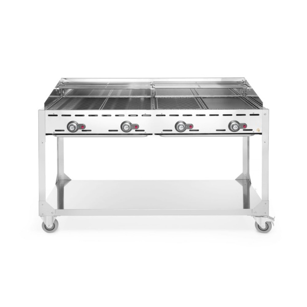 Barbecue Green Fire avec 4 brûleurs, HENDI, Profi Line, sur support avec roulettes, Gris clair, 22kW, 1400x612x(H)825mm
